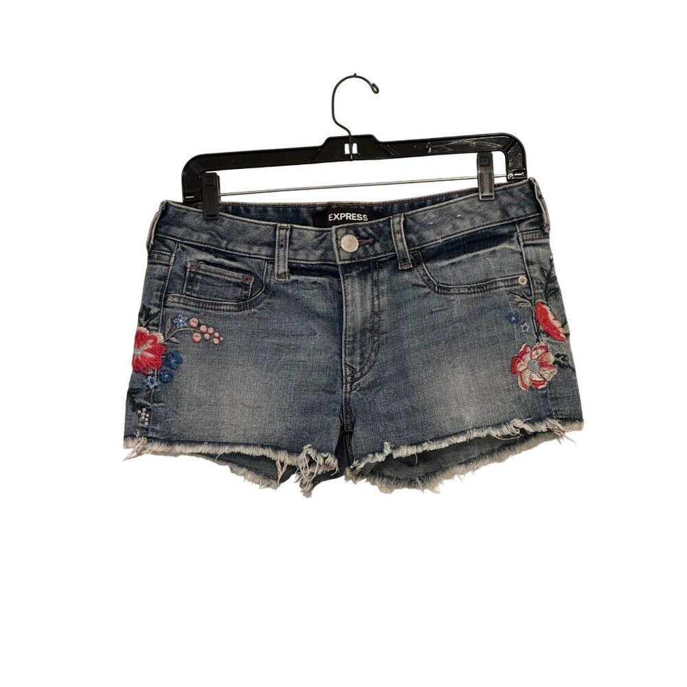 Express Low Rise Denim Embroidered Floral Shortie Shorts Size 4 Frayed Hem